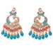 Oversized gold tone Indian peacock kundan chandelier earrings with turquoise pink beads pearls for Diwali wedding wear