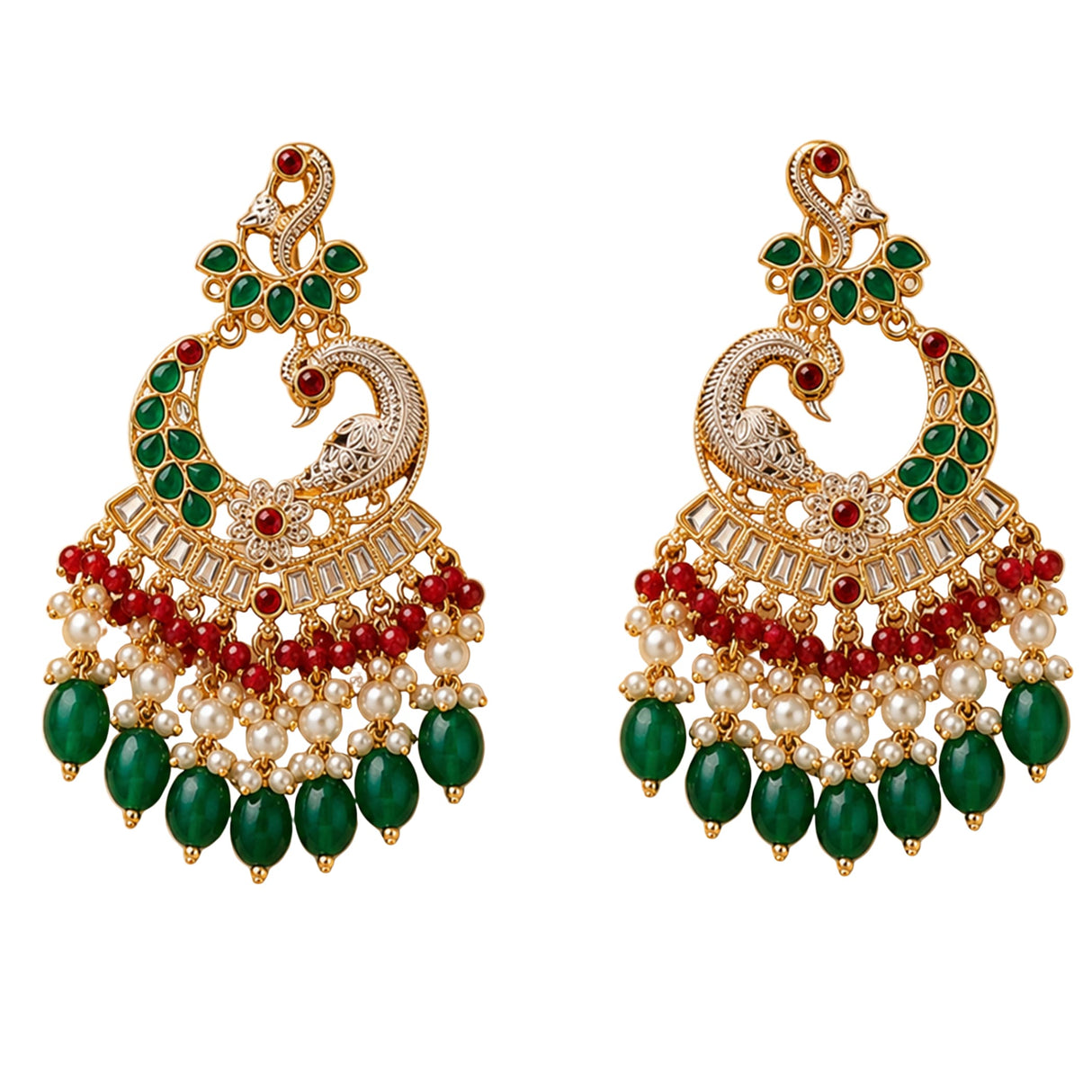 Elegant gold tone oversized Indian peacock Kundan earrings with emerald green stones red gemstones pearls for Diwali wear