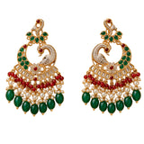 Elegant gold tone oversized Indian peacock Kundan earrings with emerald green stones red gemstones pearls for Diwali wear