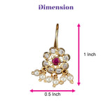 Gold tone Indian floral kundan nose stud with a central ruby red gem, clear crystals, and dangling white pearls