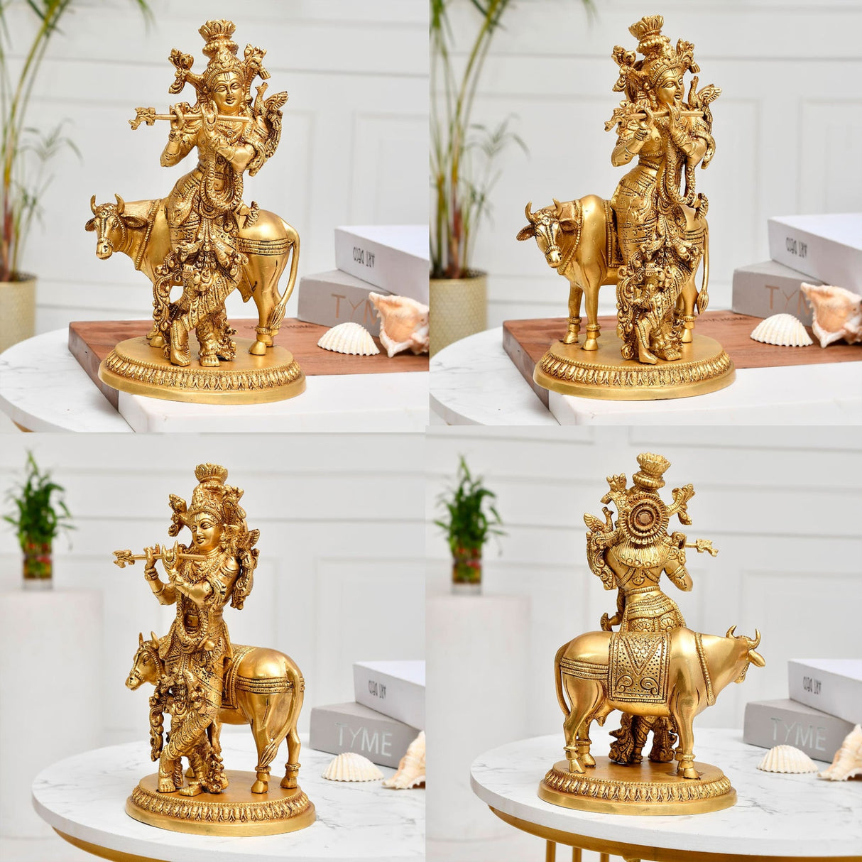 Brass lord krishna statue with kamdhenu cow hindu god