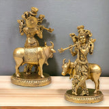 Brass lord krishna statue with kamdhenu cow hindu god