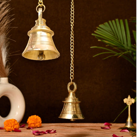 Hanging Brass Bell Hindu Religious Temple Pooja Ghanti with Chain Indian Mandir Decor Wall Mounted Temple Ghanta Ritual Outdoor Indoor Jingle Bell Housewarming Gift - LoveNspire