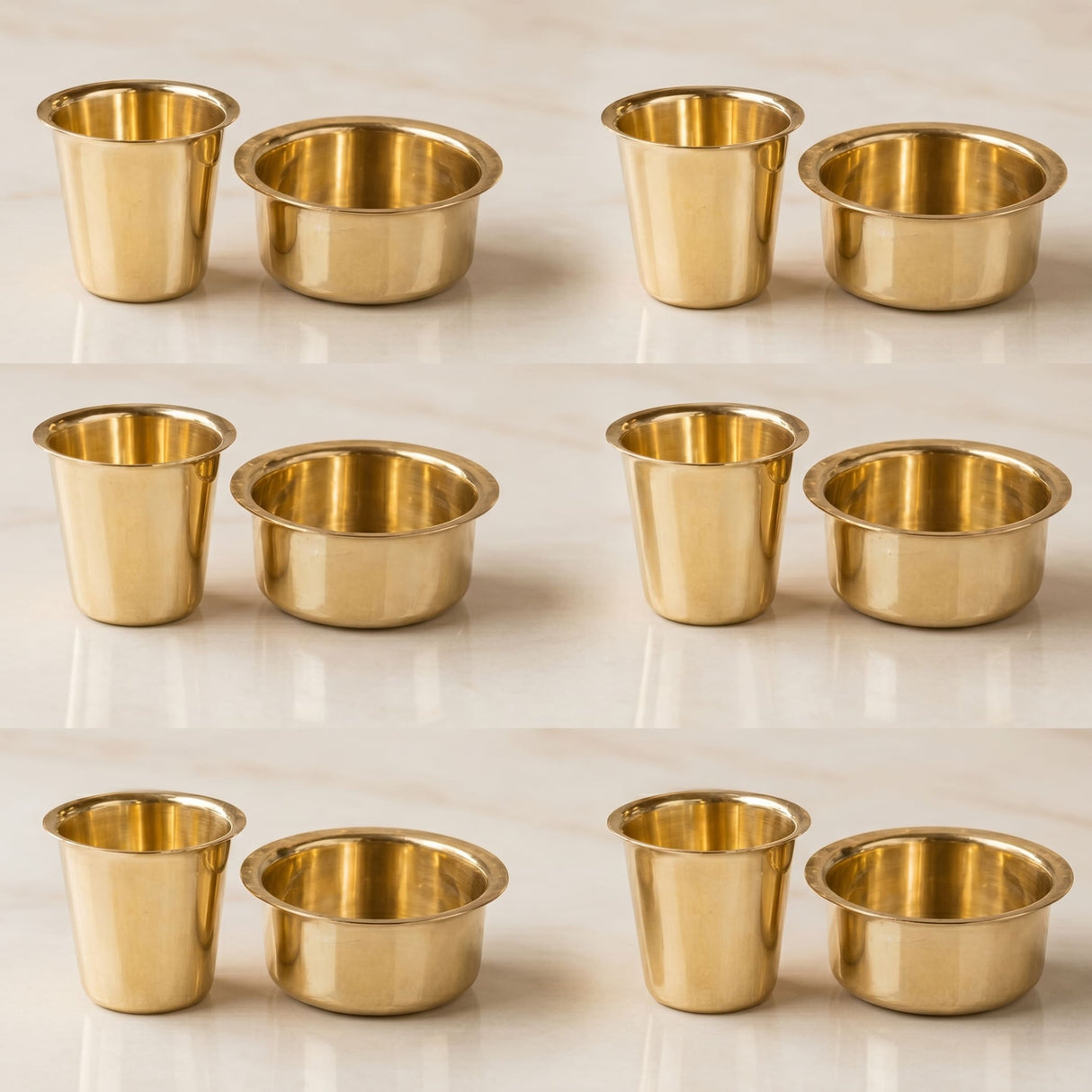Set of eight golden brass cups with cylindrical shape and flared rim for south indian filter coffee serving