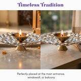 Brass decorative diya with golden brass and clear crystal lotus acrylic glass base for Diwali puja and home decor