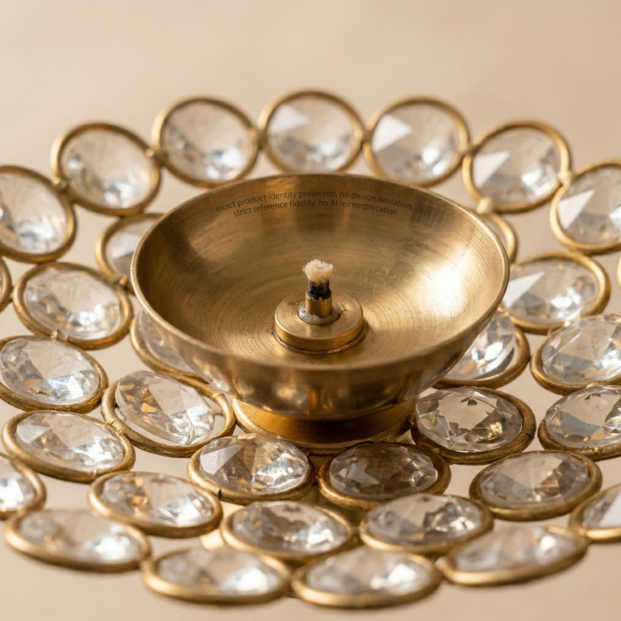 Golden brass decorative diya with central wick and clear crystal stones in gold bezels for diwali puja decor
