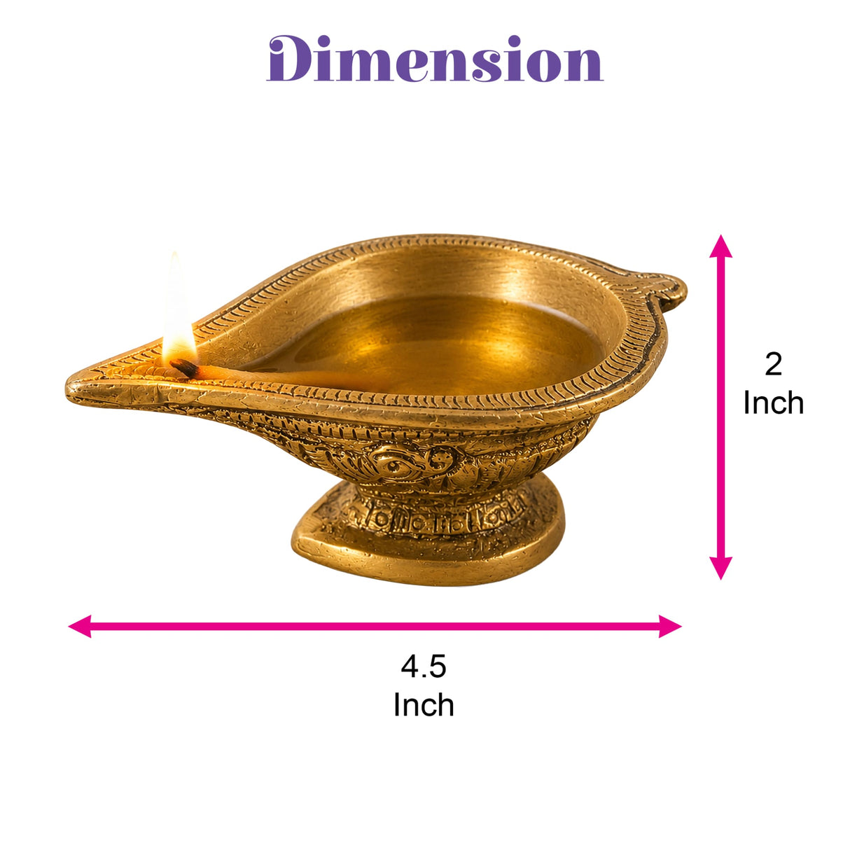 Golden brass diya oil lamp with intricate engraved patterns and a lit wick for traditional Hindu puja and home decor