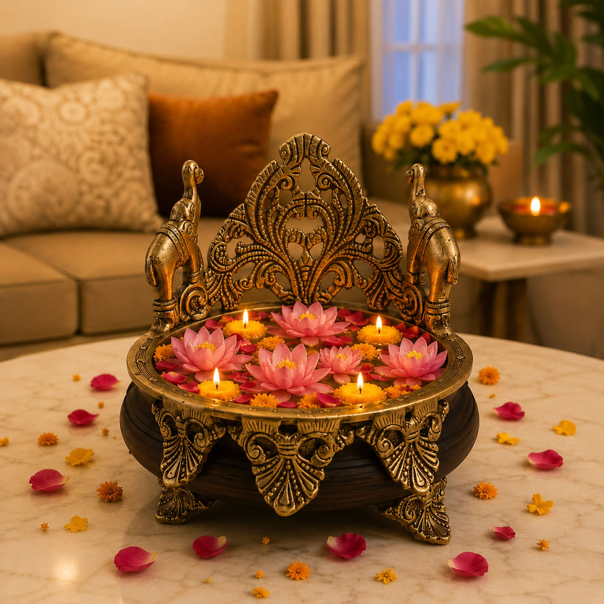 Golden ornate brass diwali oil lamp holder with elephant motifs and floral decorations for pooja room decor