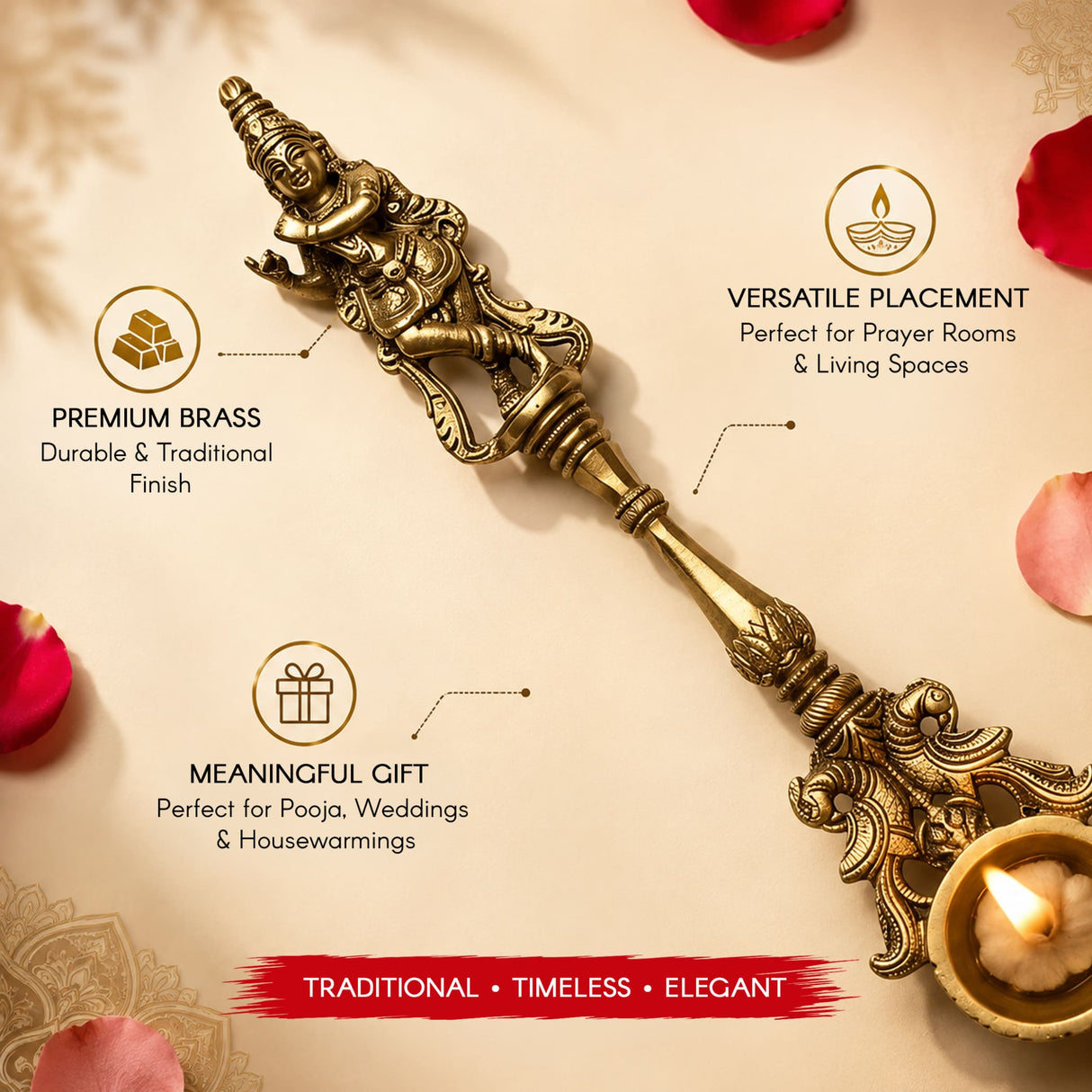 Golden brass dancing ganesha krishna spoon with intricate detailing and ornate handle for traditional home temple decor