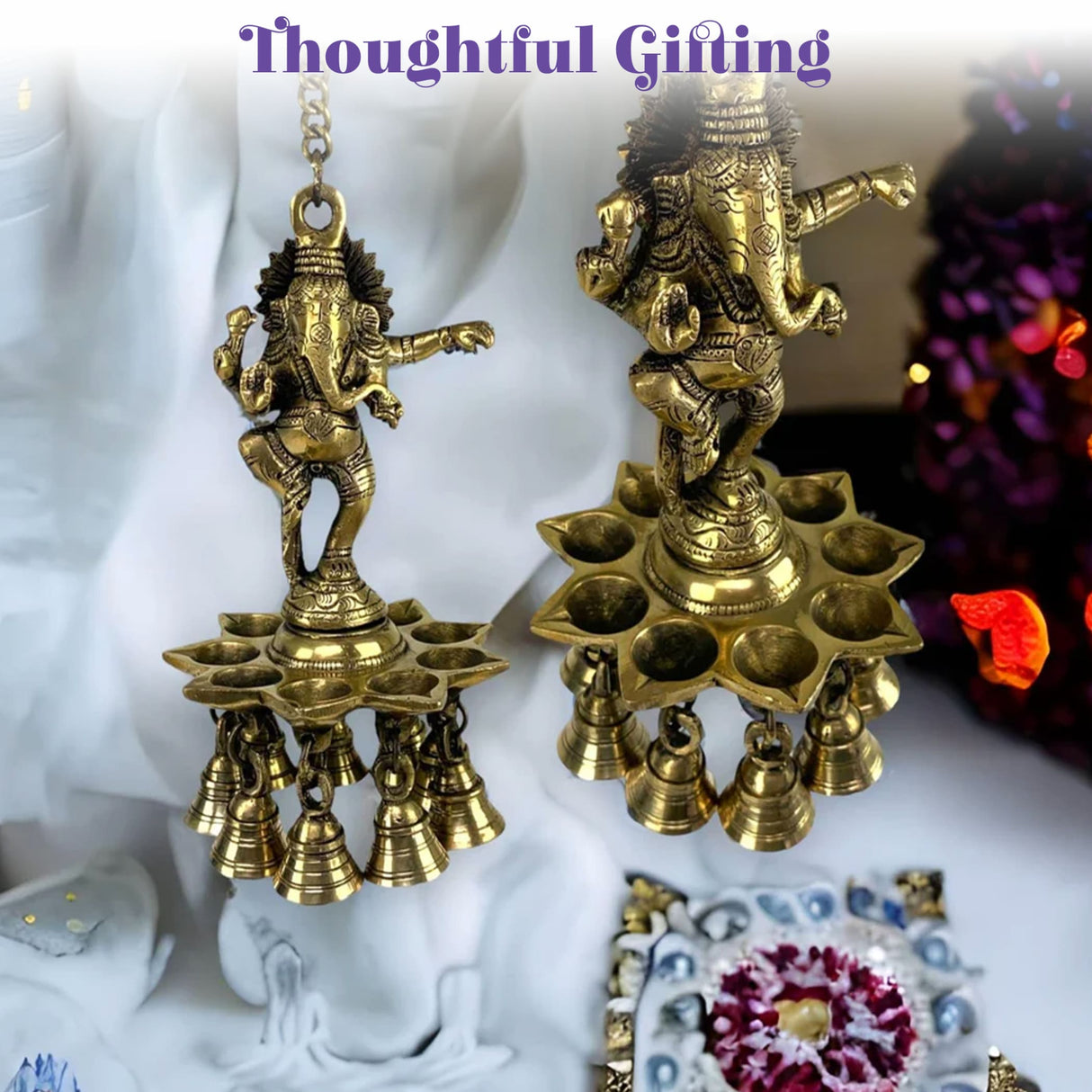 Golden brass ganesha wall hanging diya with intricate carvings and dangling bells for home temple and diwali decor