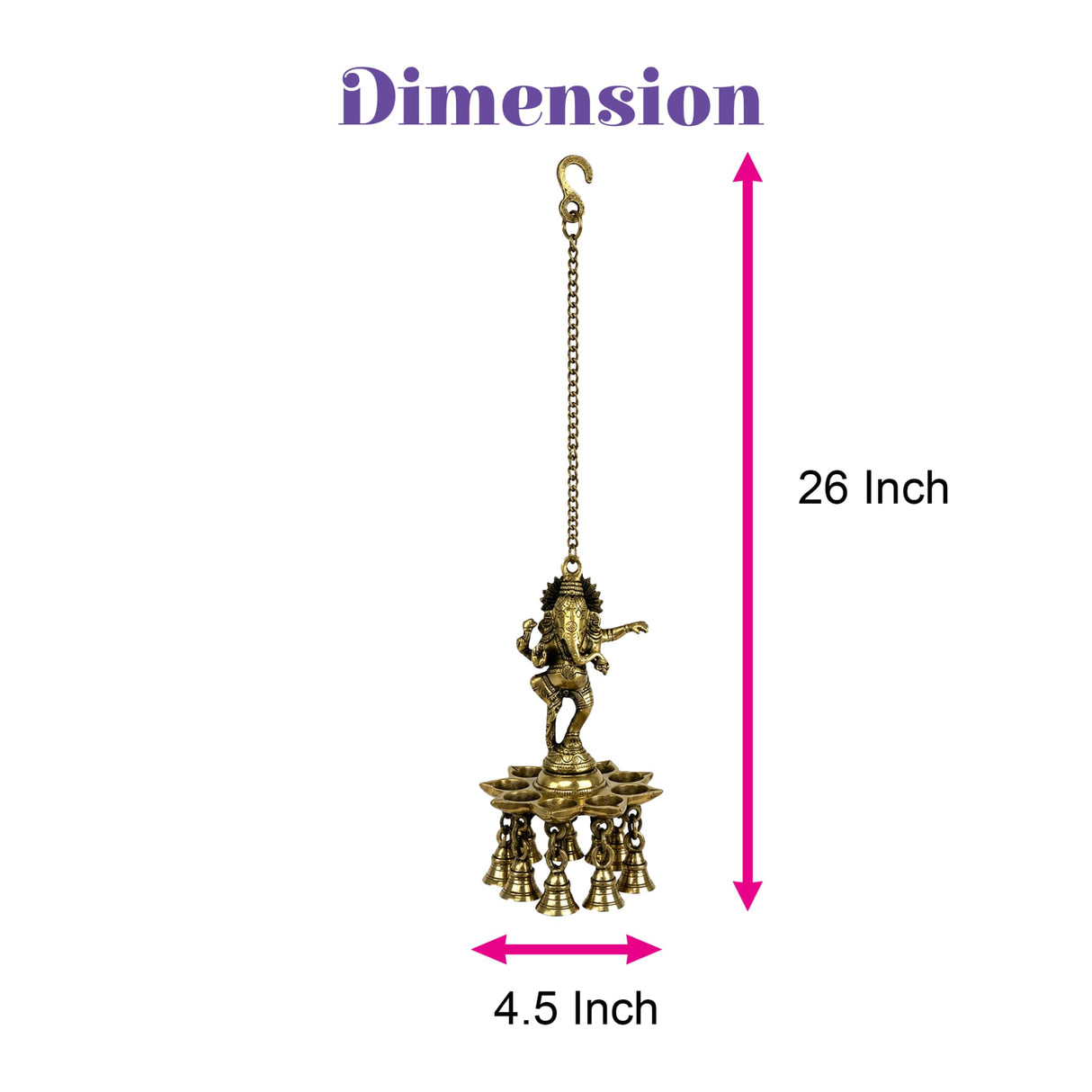 Golden brass ganesha wall hanging diya with hanging chain and bells for home temple office diwali decor puja lighting