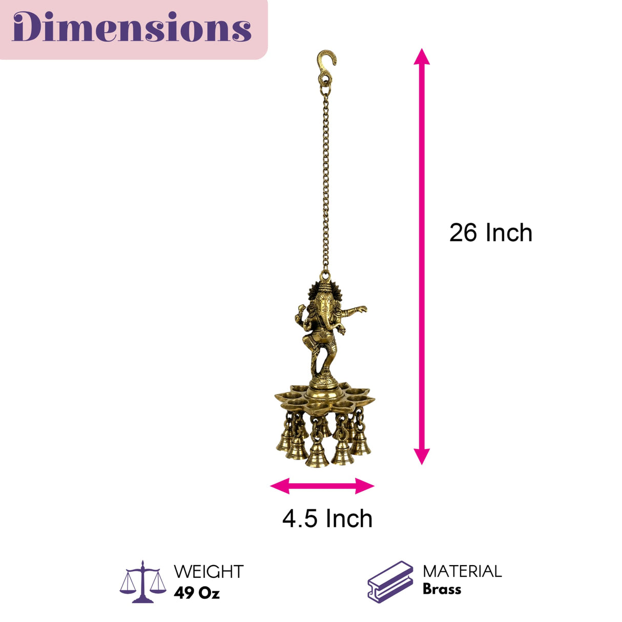 A 26-inch brass ganesha wall hanging diya with chain and multiple bells for home temple and diwali decor