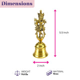 Golden brass figurine of deity standing atop bell with intricate carvings for temple and spiritual decor use