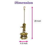 Golden brass hanging oil lamp featuring lord krishna figurine playing flute with multiple small bells for diwali decor