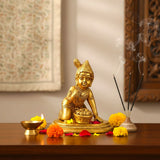 Golden brass Krishna Laddoo Gopal statue, 3.5 inches smiling baby deity