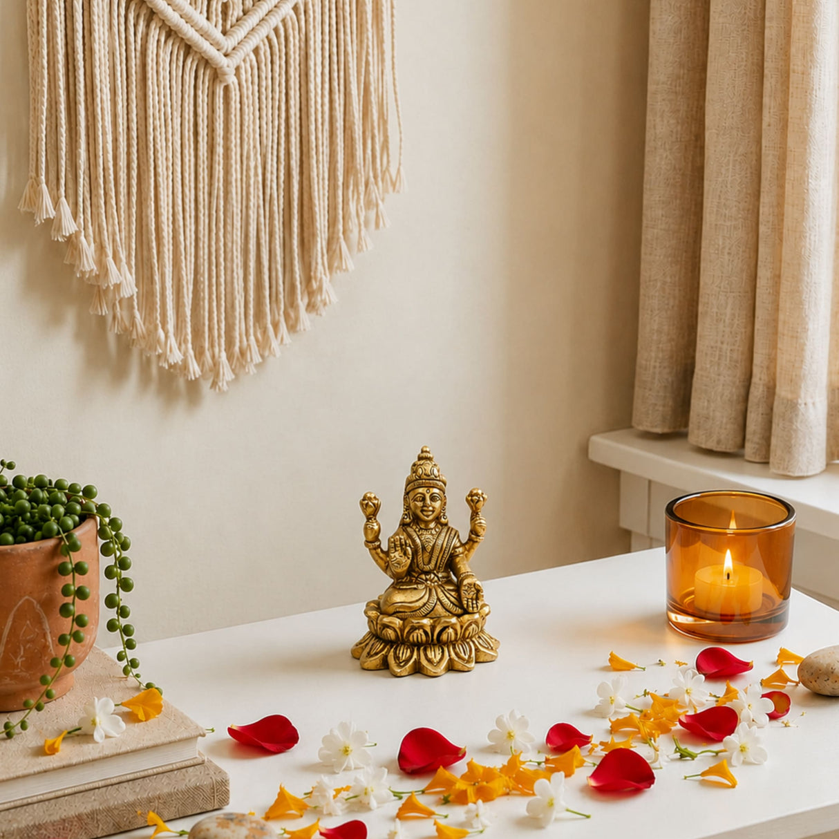 Golden brass lakshmi idol statue with four arms seated on lotus for diwali puja room temple decor gift 2.9 inch