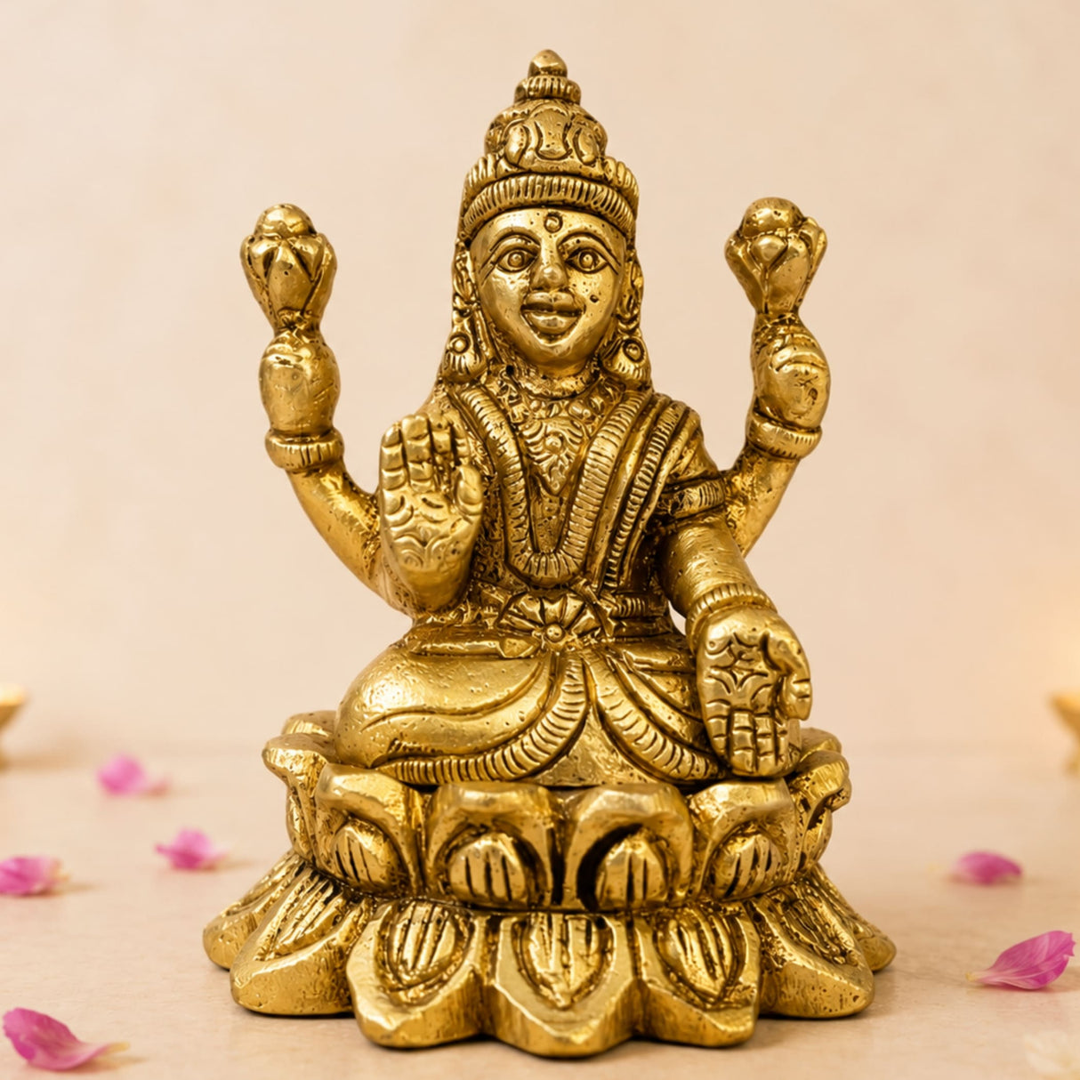 Golden brass lakshmi idol statue with four arms seated on lotus base for diwali puja home temple decor