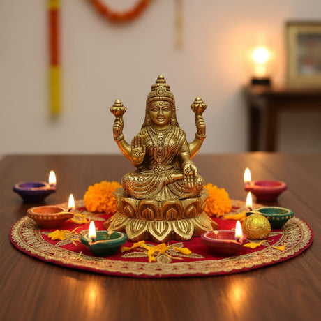 Golden Brass Lakshmi idol with four arms and lotus base for Diwali puja decor