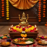 Golden Brass Lakshmi Idol Statue with four arms, traditional attire, for Diwali Puja