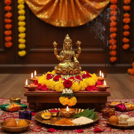 Golden Brass Lakshmi Idol Statue with four arms, traditional attire, for Diwali Puja