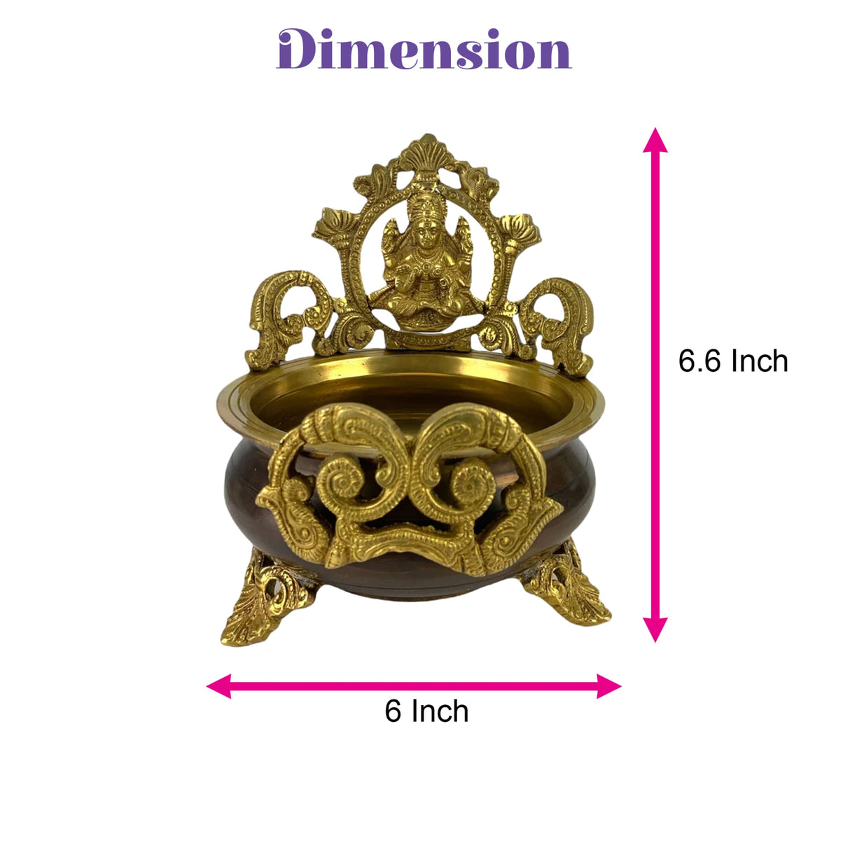 Golden brass laxmi urli bowl with intricate ornate detailing and dark brown base for pooja room decor and diwali decoration