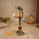 Brass parrot wall hanging diya with turquoise and red inlaid elephant top lit oil lamp for home temple decor