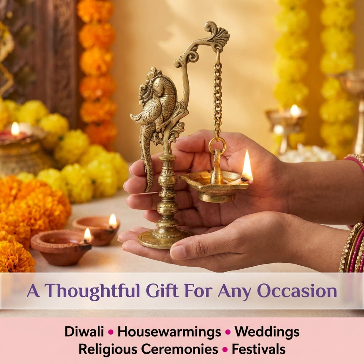 A golden brass diya oil lamp with ornate peacock design and hanging chain for home temple Diwali decoration