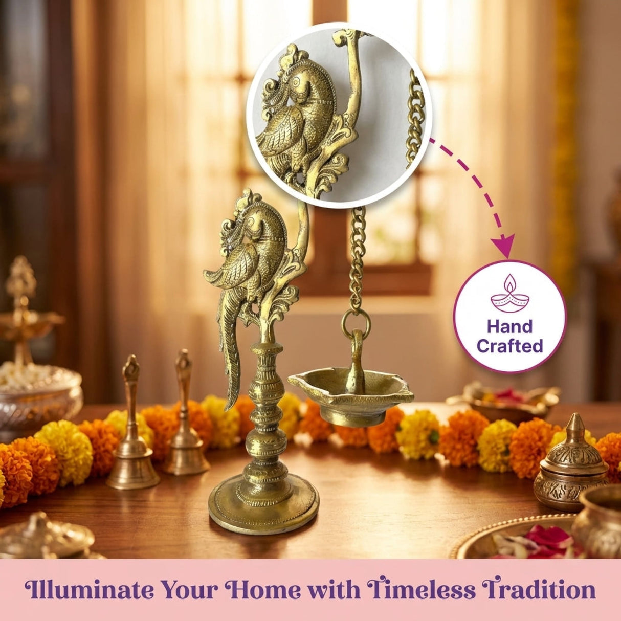 Golden brass peacock-themed annam oil lamp diya with intricate detailing and hanging bowl for traditional diwali decoration