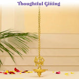 Golden brass hanging oil lamp diya with intricate peacock bird design and chain suspension for home temple diwali decor
