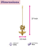 Golden brass hanging oil lamp diya with intricate deity figure and chain suspension for home temple decor