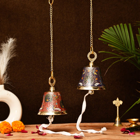 Antique Brass Hanging Bells with Chain for Temple Pooja Room Mandir Decor Peacock Print Small Hanging Bell - 4.75x4 inch Puja Ghanti for Housewarming Gift (Chain Length With Hook 12 Inches) - LoveNspire