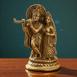 Golden brass Radha Krishna statue, 5.5 inch flute-playing murti for pooja decor