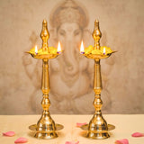 Two golden brass oil lamp diya samai deepak lamps with fluted stems hold lit candles surrounded by marigold petals