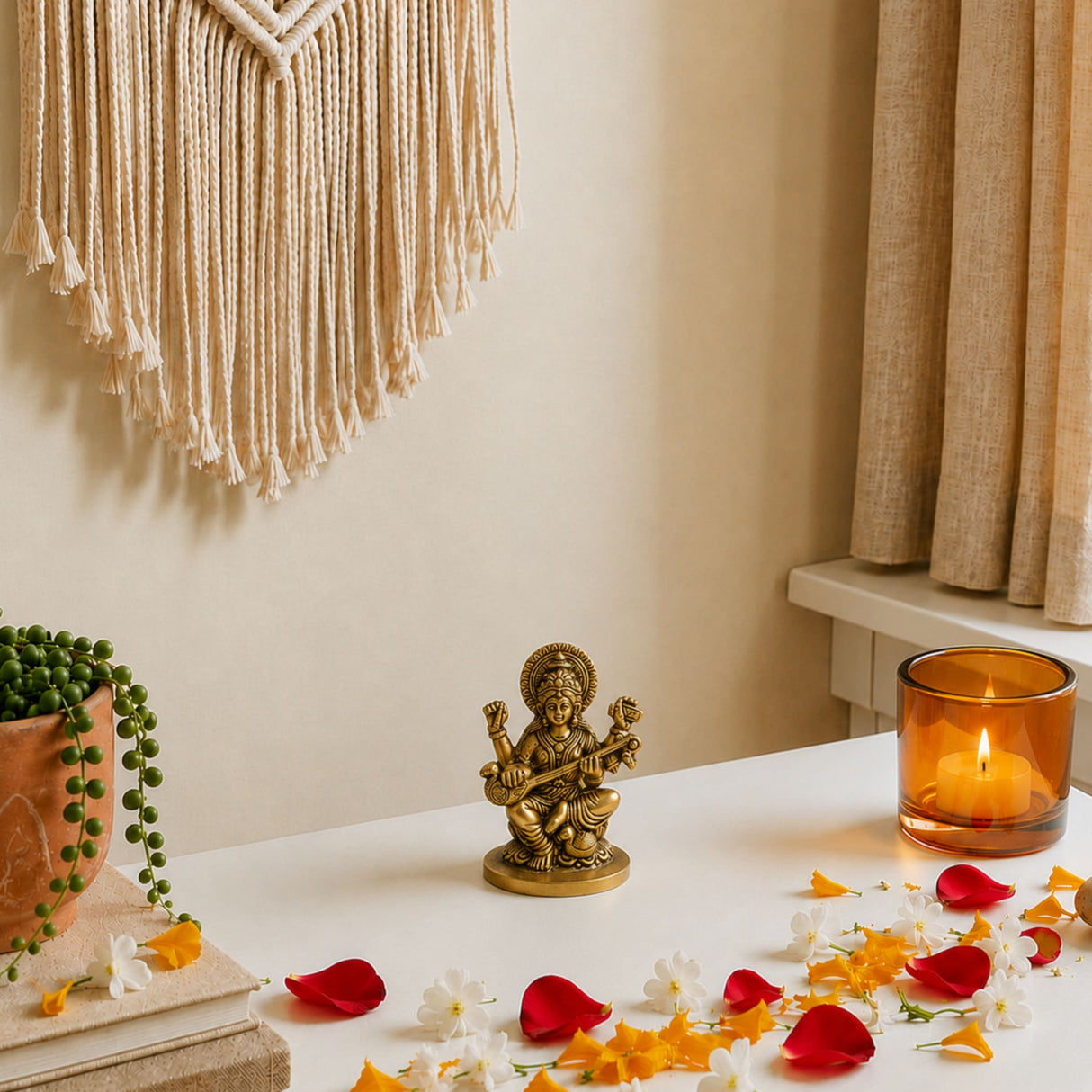 Golden brass statue of hindu goddess saraswati seated on lotus holding traditional instruments for home temple decor