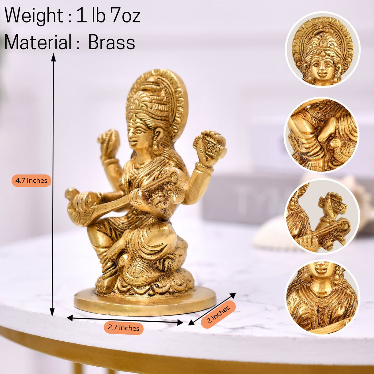 Brass saraswati statue hindu goddess of knowledge religious