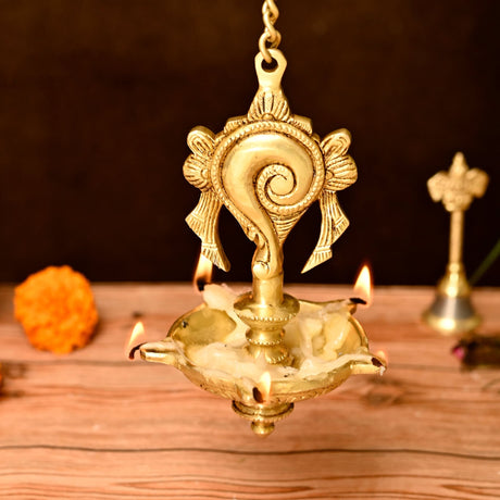 Brass Annam, Shank Wall Hanging Idol Oil Lamp Diya with Chain Hanging Oil Wick Diya Puja Gifting Entrance Home Decor Idol Kathu Vilakku Diyas for Pooja Temple Diwali Decor Idol Statue - LoveNspire