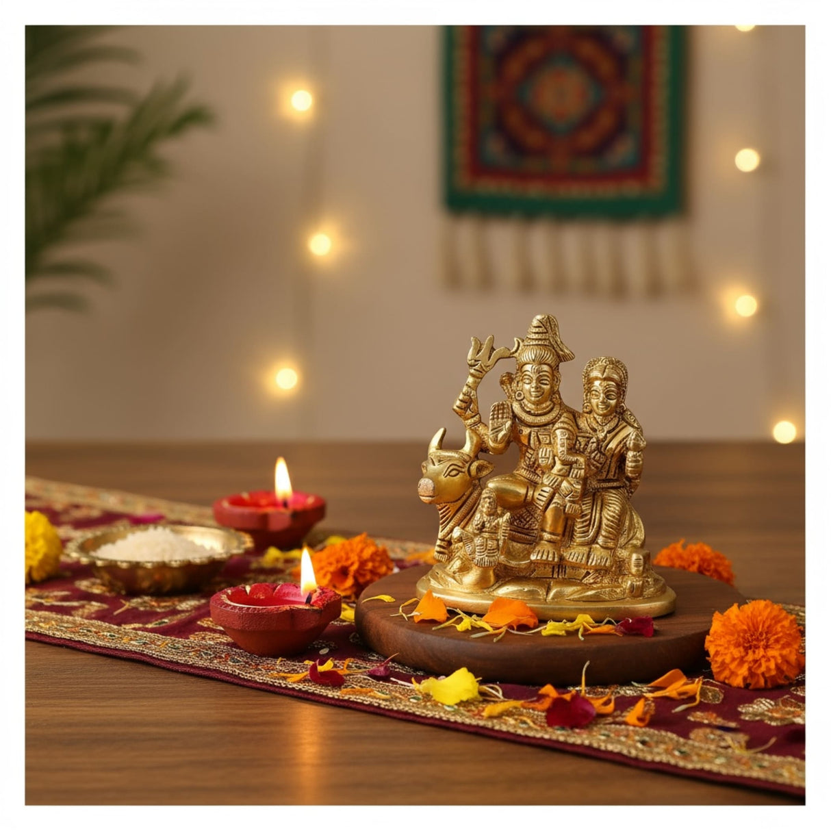 Golden Radha Krishna statue with intricate details on circular base, ideal for Pooja decor