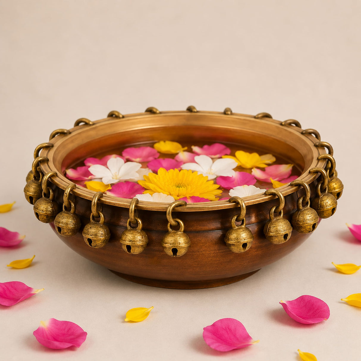 Lovenspire brass urli bowl with hanging ghungroo bells filled with pink white and yellow flower petals for decor