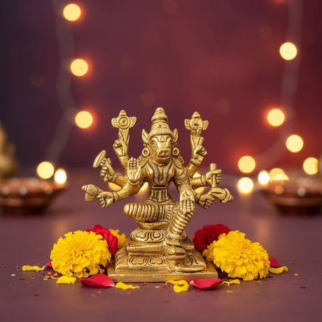 Golden Brass Varahi Devi Statue with multiple arms and animal head for Pooja and Home Temple