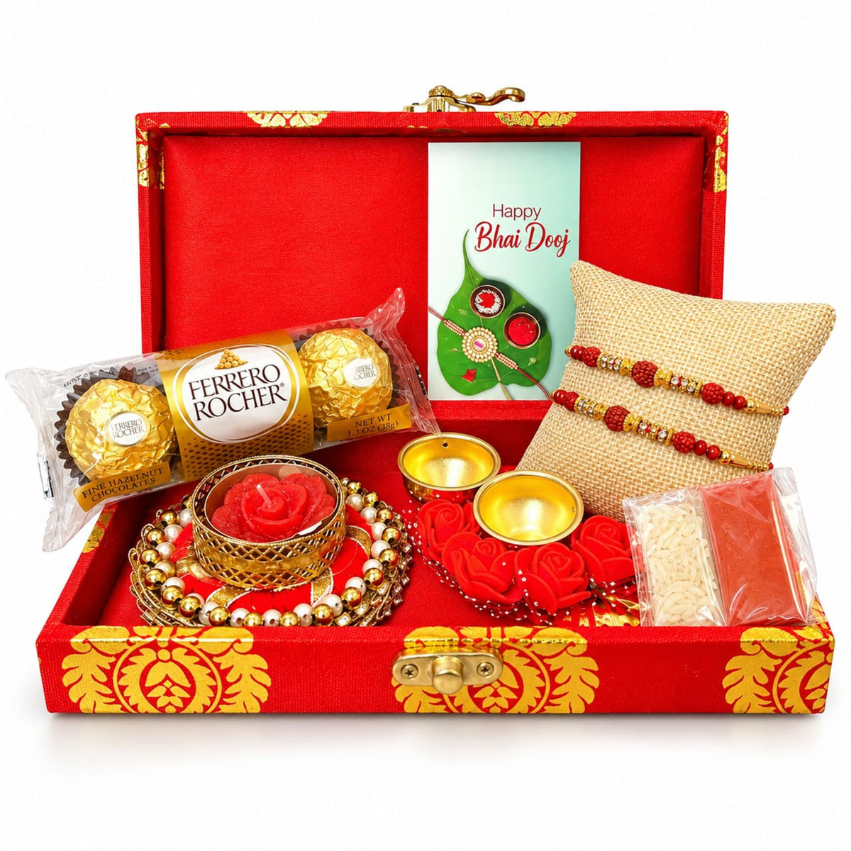 Brocade bhai dooj gift hamper with red and gold ornate box includes designer rakhis chocolates candle holder and ceremonial items