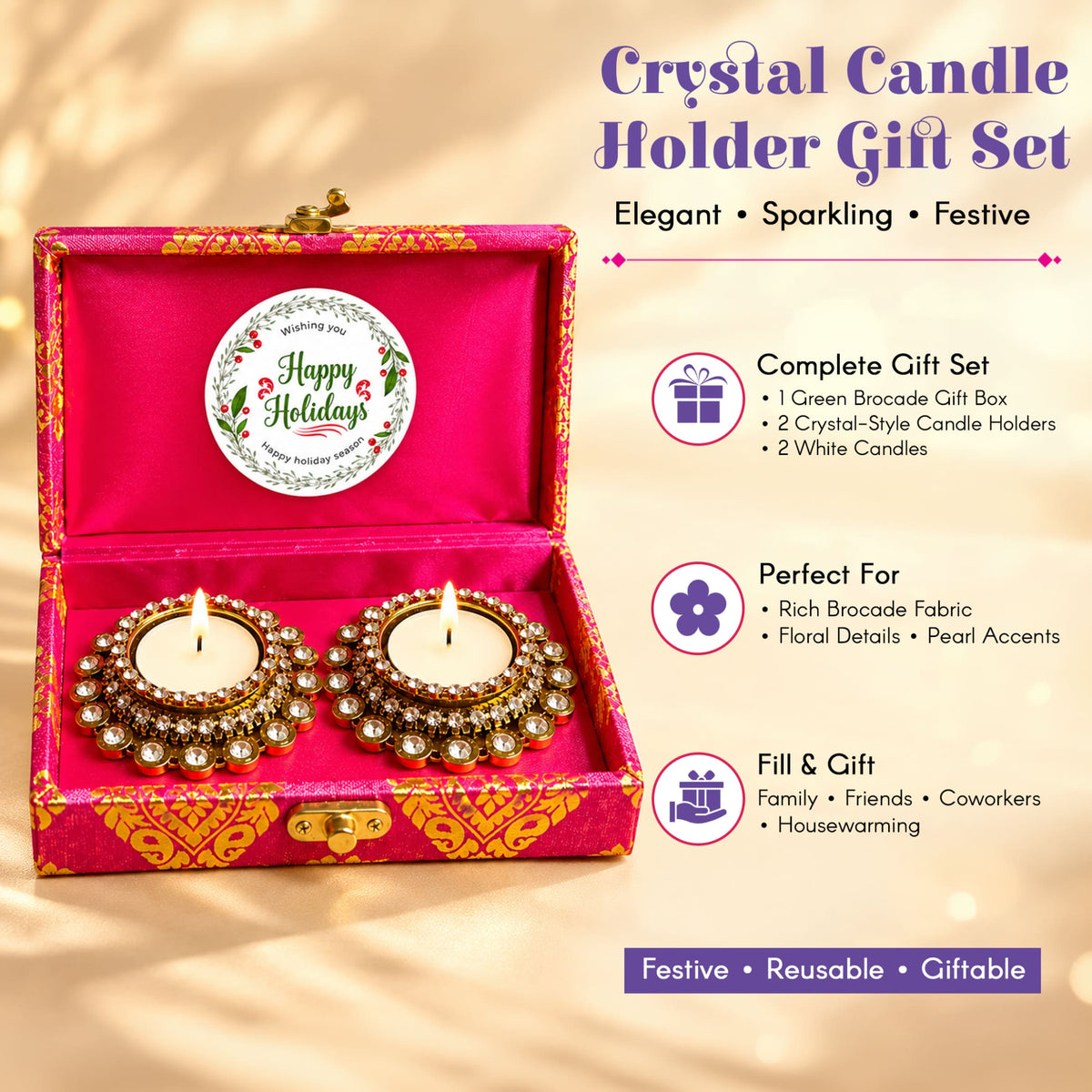 Pink and gold brocade gift box with two crystal-style tealight candle holders and white candles festive gift set