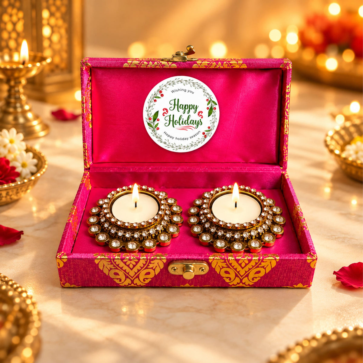 Pink and gold ornate brocade box containing two jeweled diya tealight candle holders for festive holiday gifting