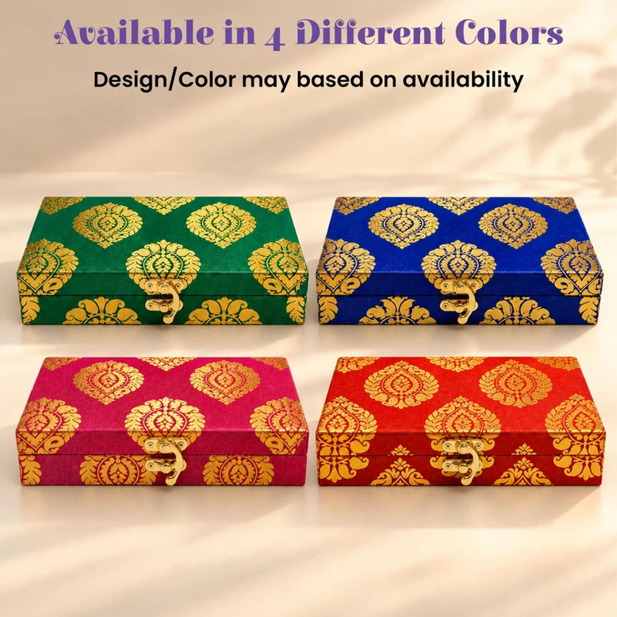 Four rectangular premium brocade gift boxes in vibrant colors with gold damask pattern and metallic clasps for festive gifting