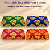 Four rectangular premium brocade gift boxes in vibrant colors with gold damask pattern and metallic clasps for festive gifting