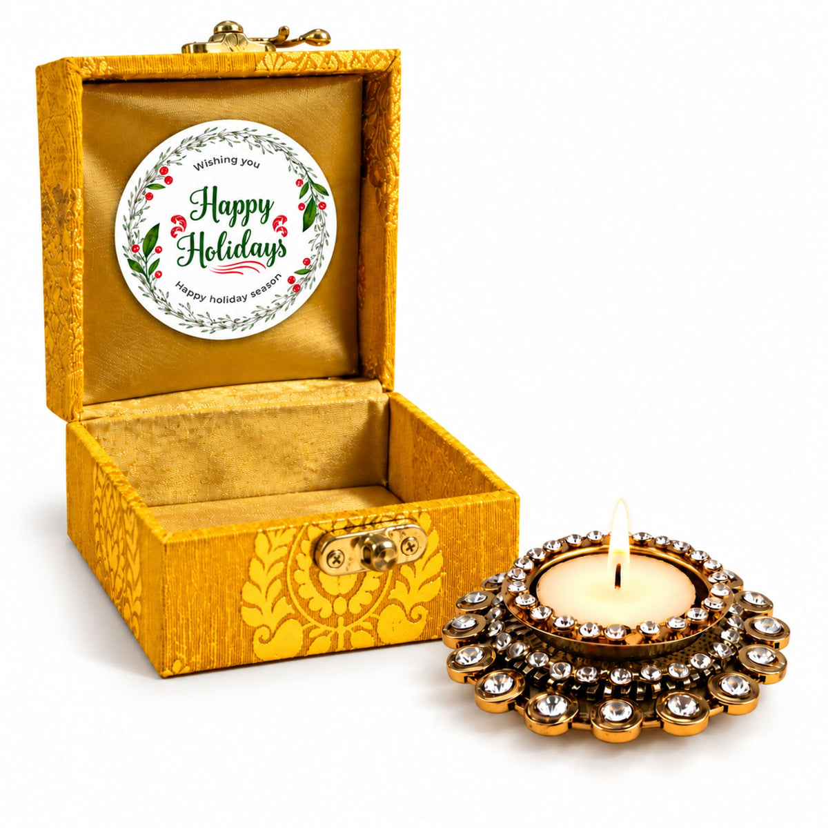 Golden ornate premium brocade box with happy holidays sticker and embellished tealight candle holder festive gift set