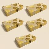 Beige brocade gift boxes with gold floral patterns and metallic clasps for indian muslim pakistani wedding favors