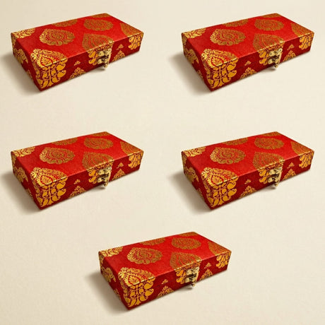 Red brocade gift boxes with gold paisley patterns and metallic clasps for indian muslim wedding favors 8x4x1.5 inches