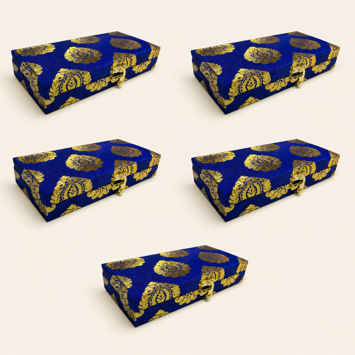 Blue and gold brocade fabric rectangular gift boxes with metallic clasps for indian muslim pakistani wedding favors