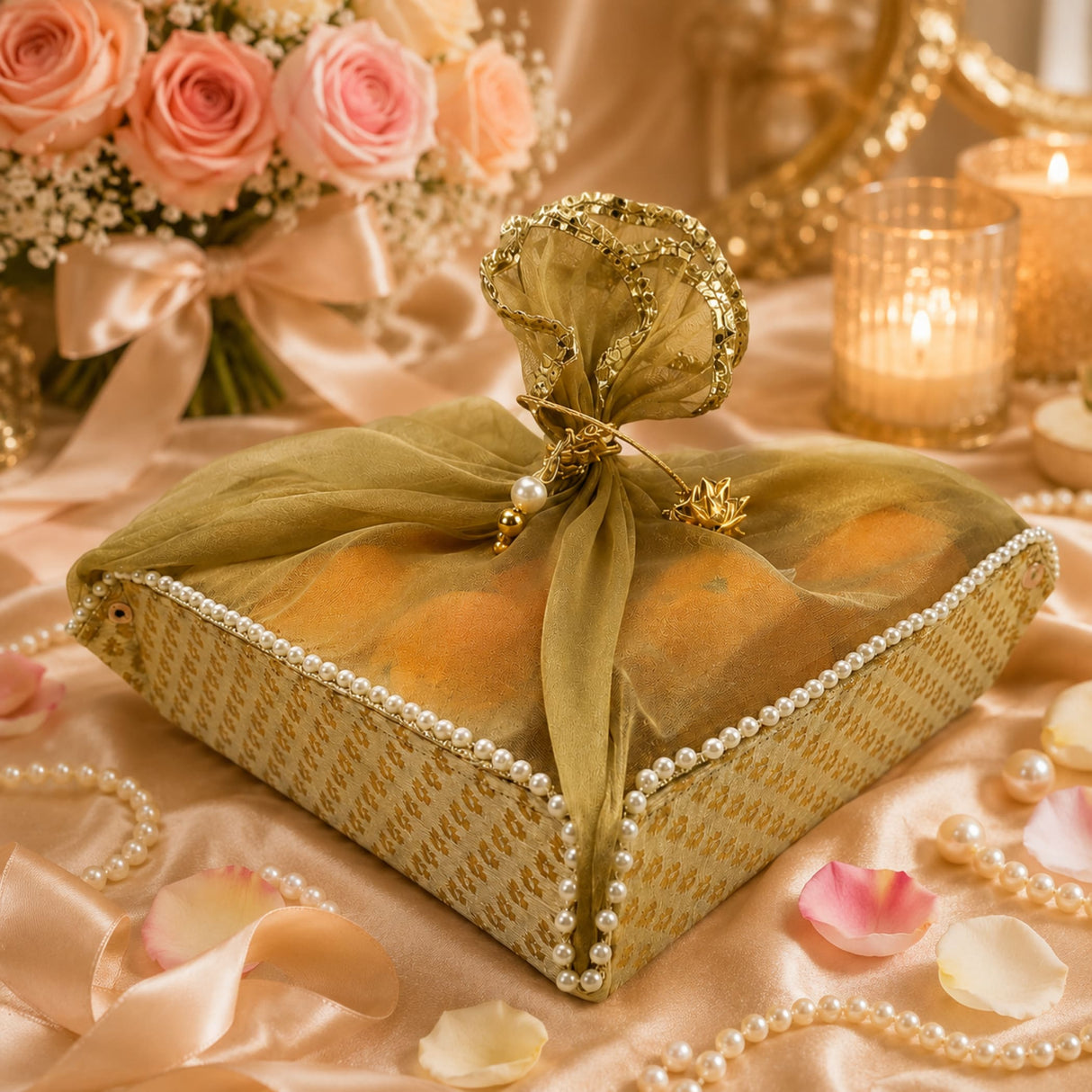 Olive-green sheer brocade gift box with gold embroidery pearl trim and bow for Indian mithai shagun or jewelry organizer