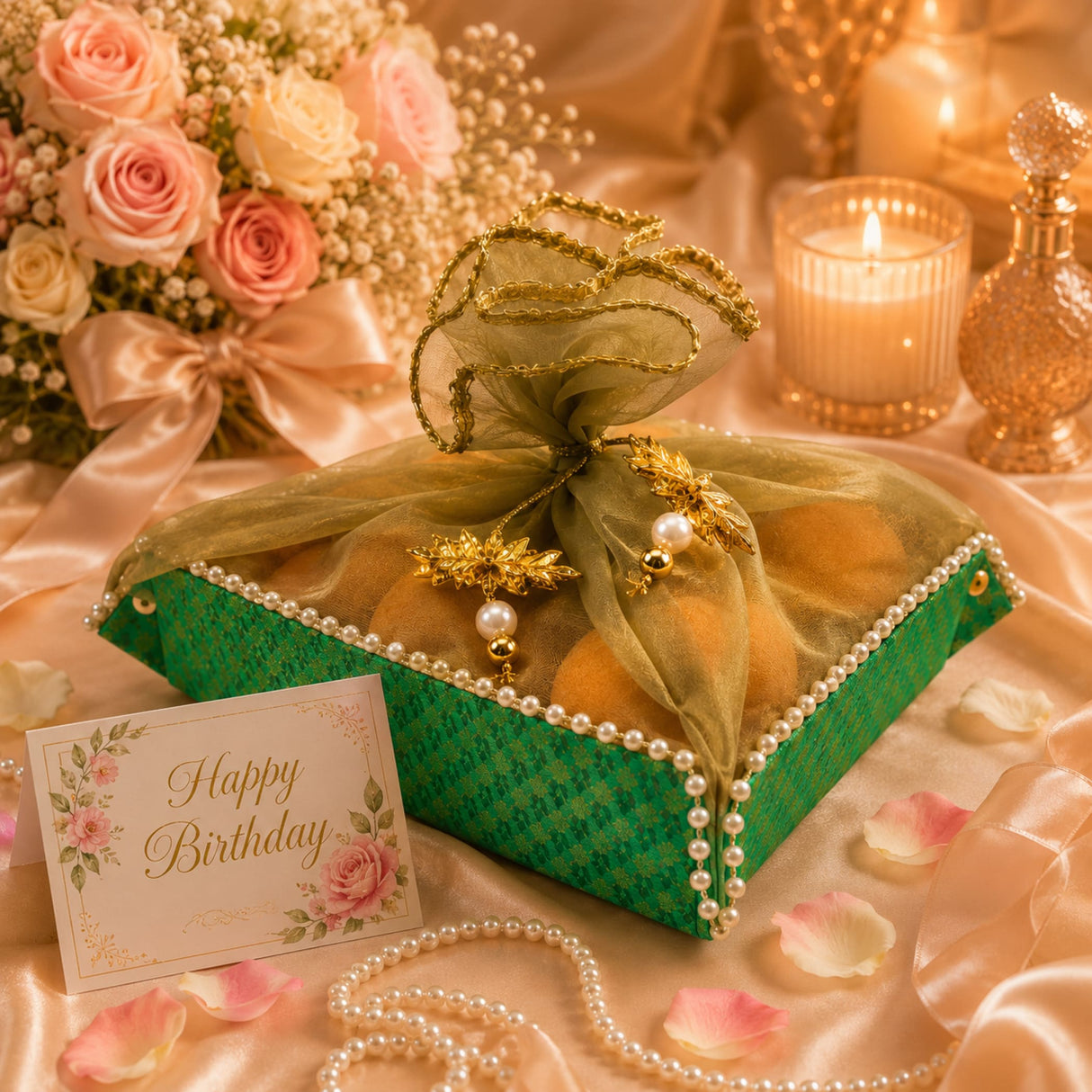 Green patterned brocade 2ct gift box with sheer gold organza bow and pearls for traditional Indian mithai and jewelry